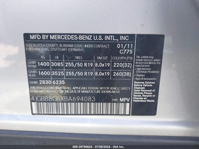 2011 Mercedes-Benz Ml 350 4Matic VIN: 4JGBB8GBXBA694083 Lot: 39798624