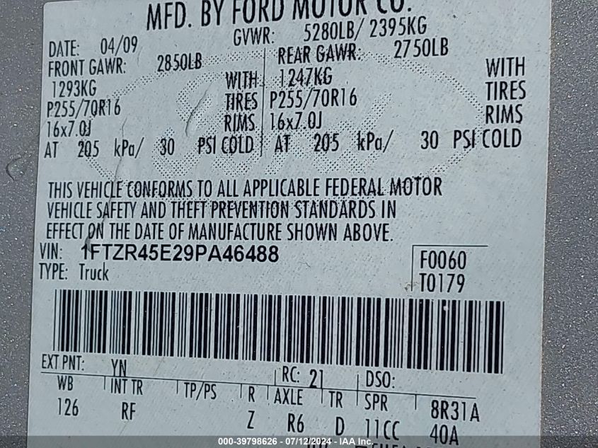 2009 Ford Ranger Fx4 Off-Road/Sport/Xlt VIN: 1FTZR45E29PA46488 Lot: 39798626