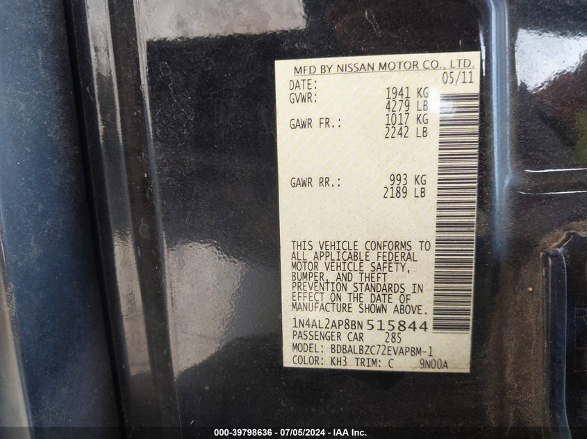 2011 Nissan Altima 2.5 S VIN: 1N4AL2AP8BN515844 Lot: 39798636