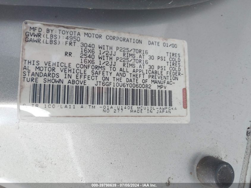 2000 Lexus Rx 300 VIN: JT6GF10U6Y0060082 Lot: 39798639