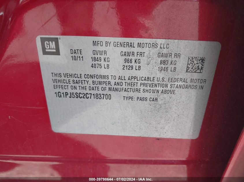 2012 Chevrolet Cruze Eco VIN: 1G1PJ5SC2C7183700 Lot: 39798644