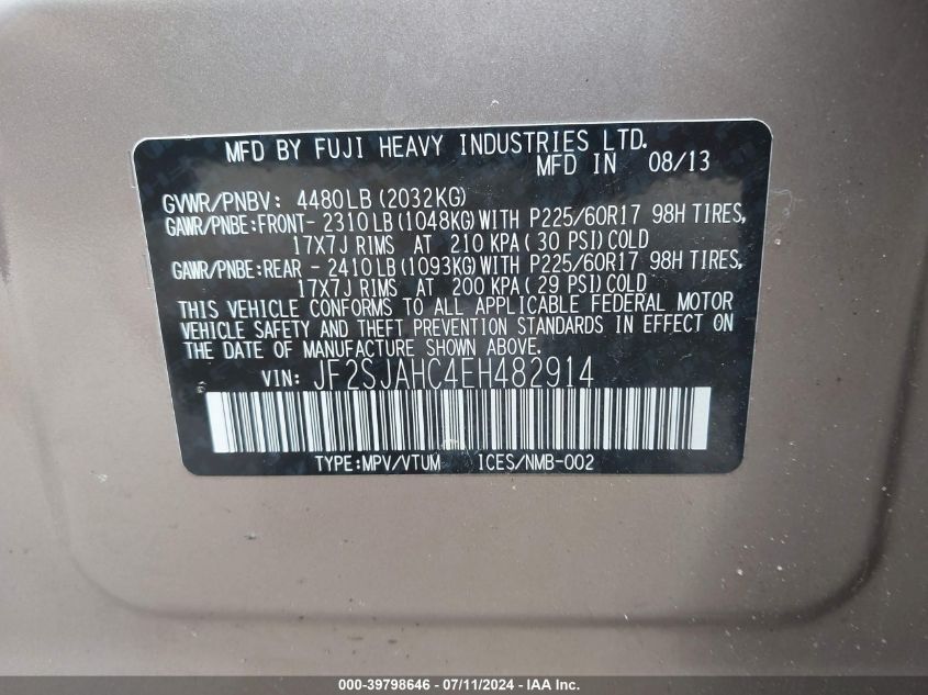 2014 Subaru Forester 2.5I Limited VIN: JF2SJAHC4EH482914 Lot: 39798646