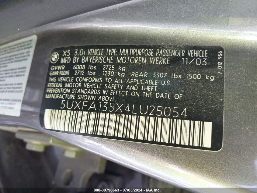 2004 BMW X5 3.0I VIN: 5UXFA135X4LU25054 Lot: 39798663