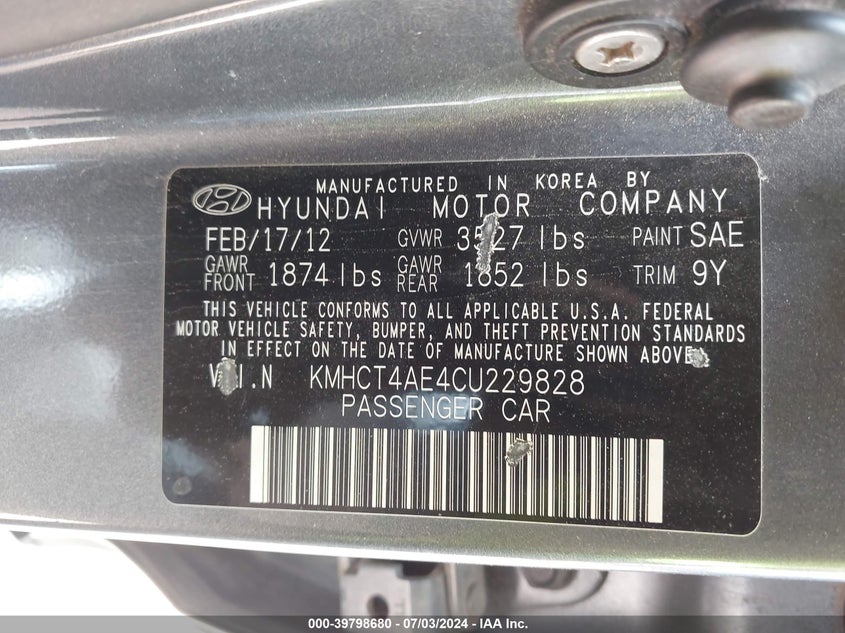 2012 Hyundai Accent Gls/Gs VIN: KMHCT4AE4CU229828 Lot: 39798680