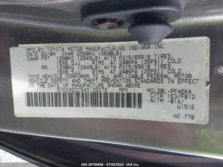 2004 Toyota Sienna Le VIN: 5TDZA23C54S122278 Lot: 39798686