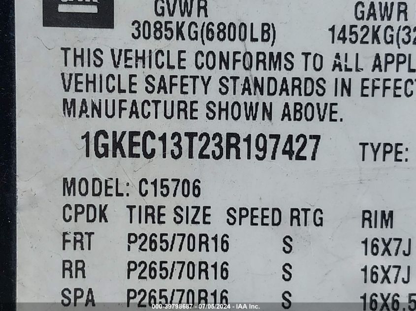 2003 GMC Yukon Sle VIN: 1GKEC13T23R197427 Lot: 39798687