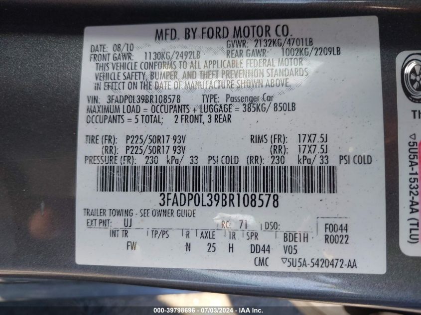 2011 Ford Fusion Hybrid VIN: 3FADP0L39BR108578 Lot: 39798696