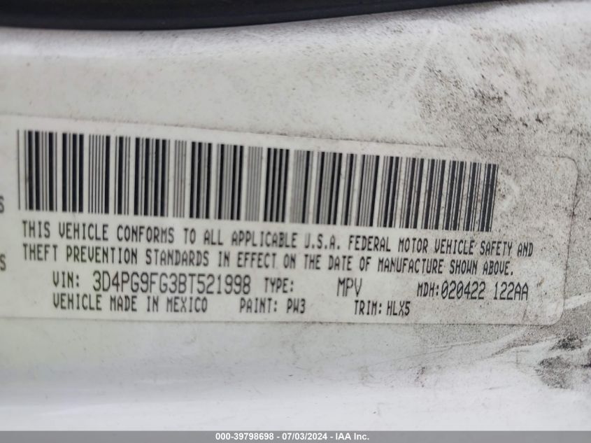 2011 Dodge Journey Lux VIN: 3D4PG9FG3BT521998 Lot: 39798698