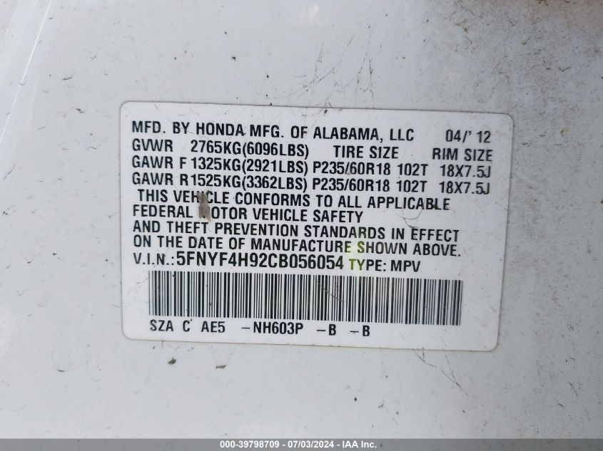 2012 Honda Pilot Touring VIN: 5FNYF4H92CB056054 Lot: 39798709