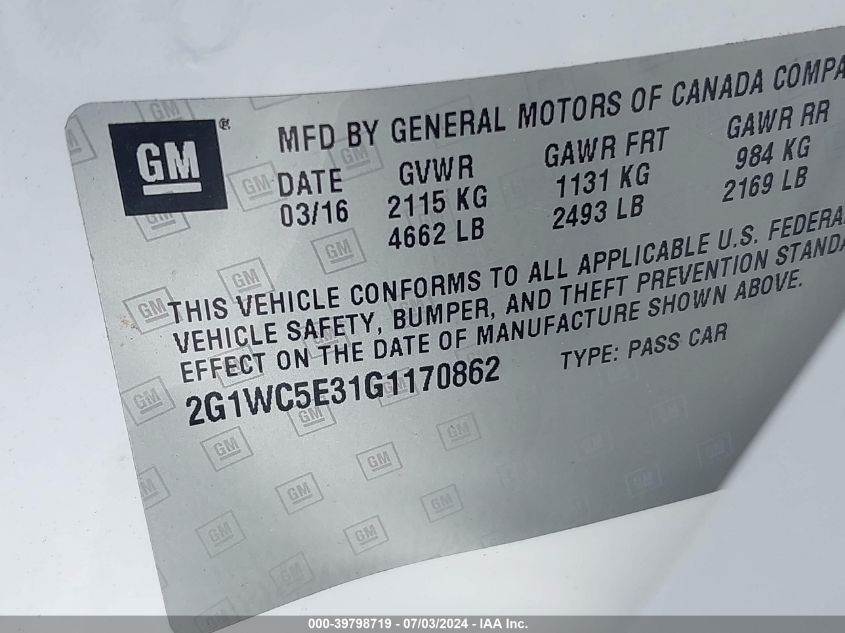 2016 Chevrolet Impala Limited Ltz VIN: 2G1WC5E31G1170862 Lot: 39798719