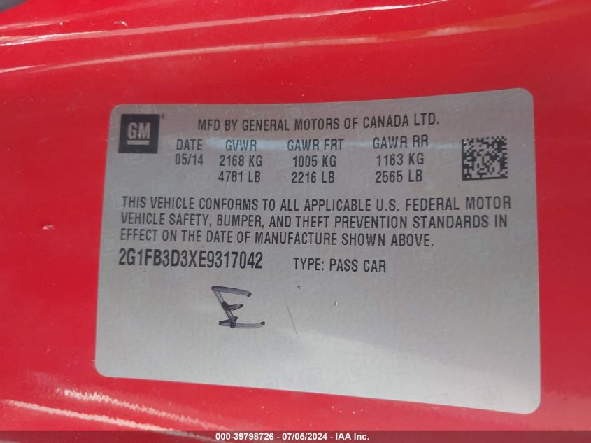 2014 CHEVROLET CAMARO LT - 2G1FB3D3XE9317042