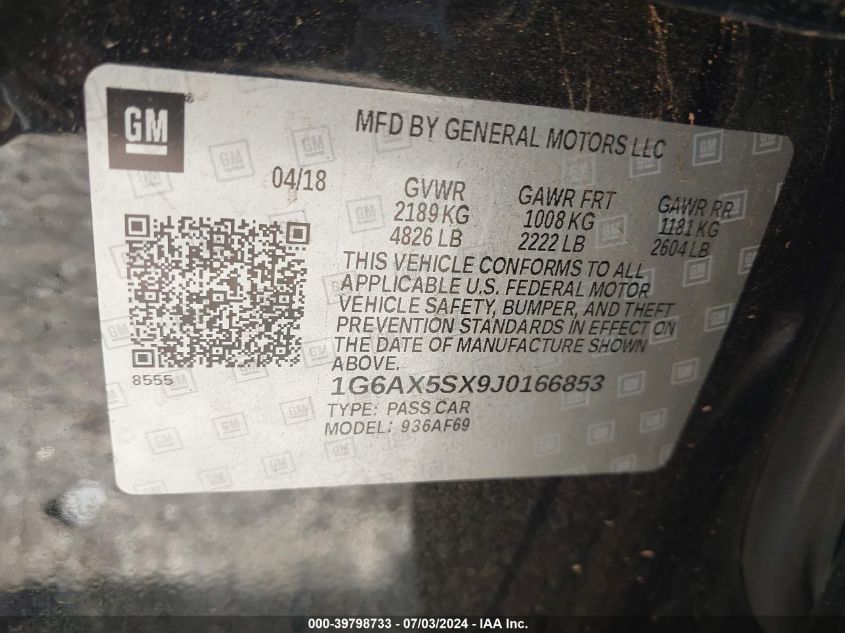 2018 Cadillac Cts Luxury VIN: 1G6AX5SX9J0166853 Lot: 39798733