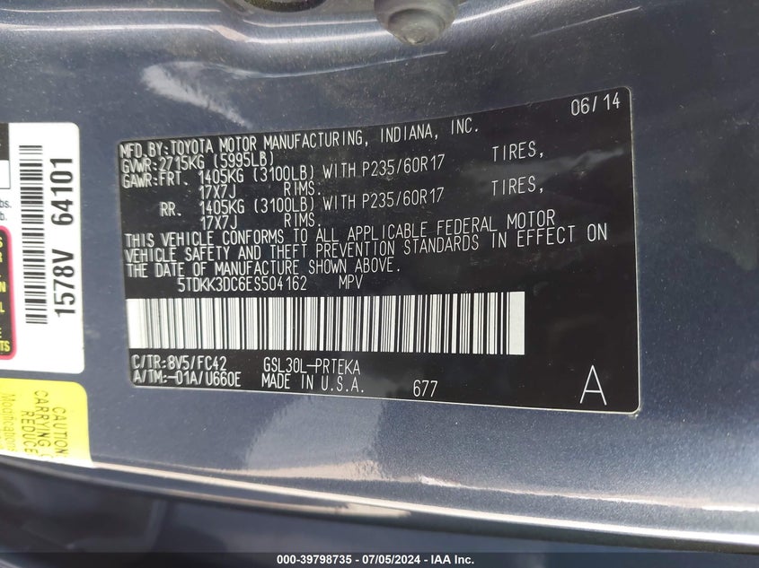 2014 Toyota Sienna Le V6 8 Passenger VIN: 5TDKK3DC6ES504162 Lot: 39798735