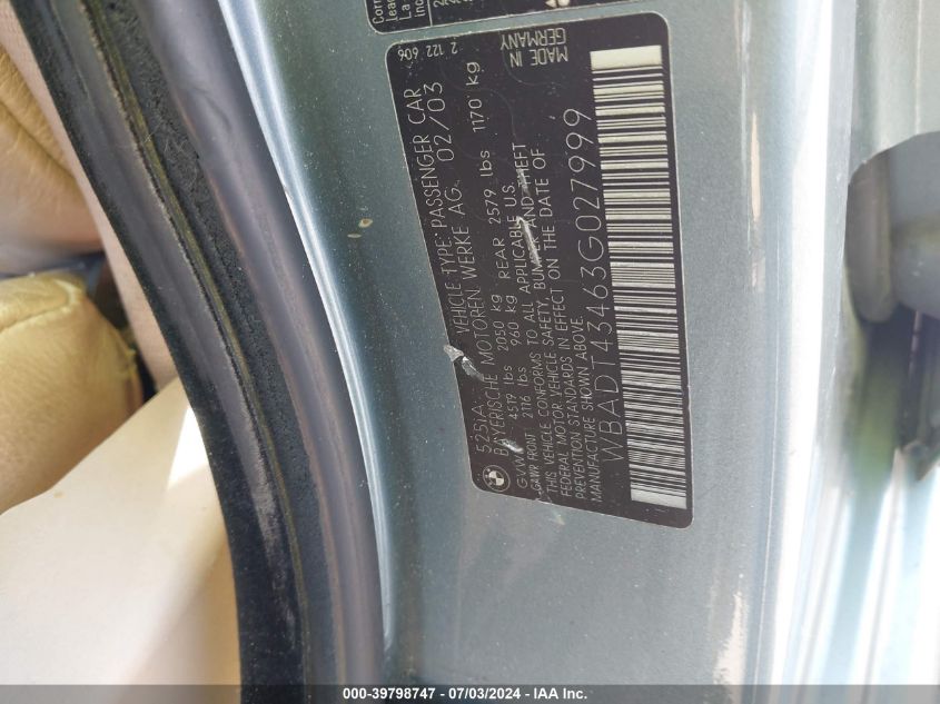 2003 BMW 525 I Automatic VIN: WBADT43463G027999 Lot: 39798747