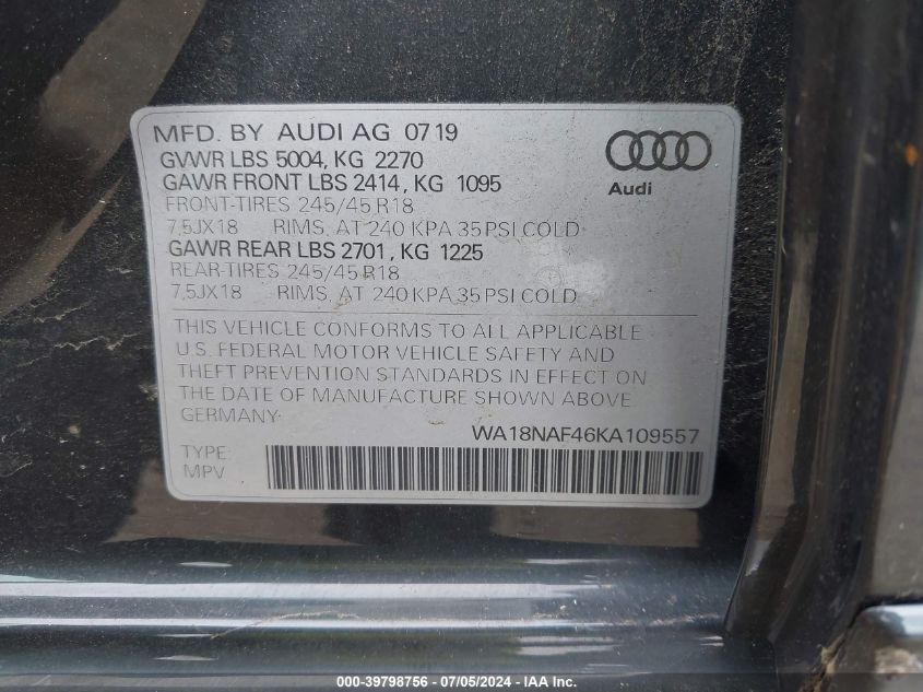 2019 Audi A4 Allroad 45 Premium VIN: WA18NAF46KA109557 Lot: 39798756