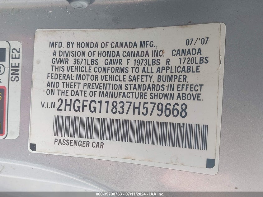 2007 Honda Civic Ex VIN: 2HGFG11837H579668 Lot: 39798763