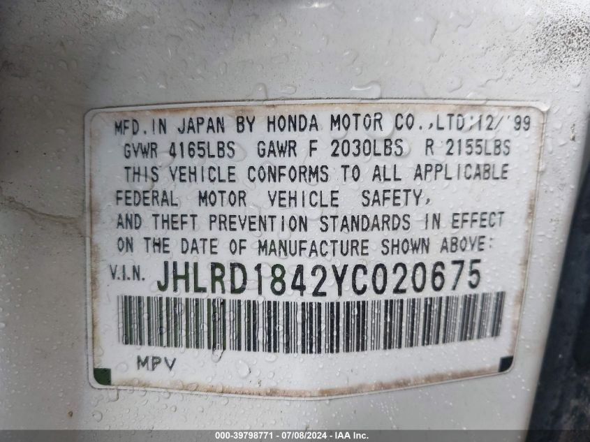 2000 Honda Cr-V Lx VIN: JHLRD1842YC020675 Lot: 39798771