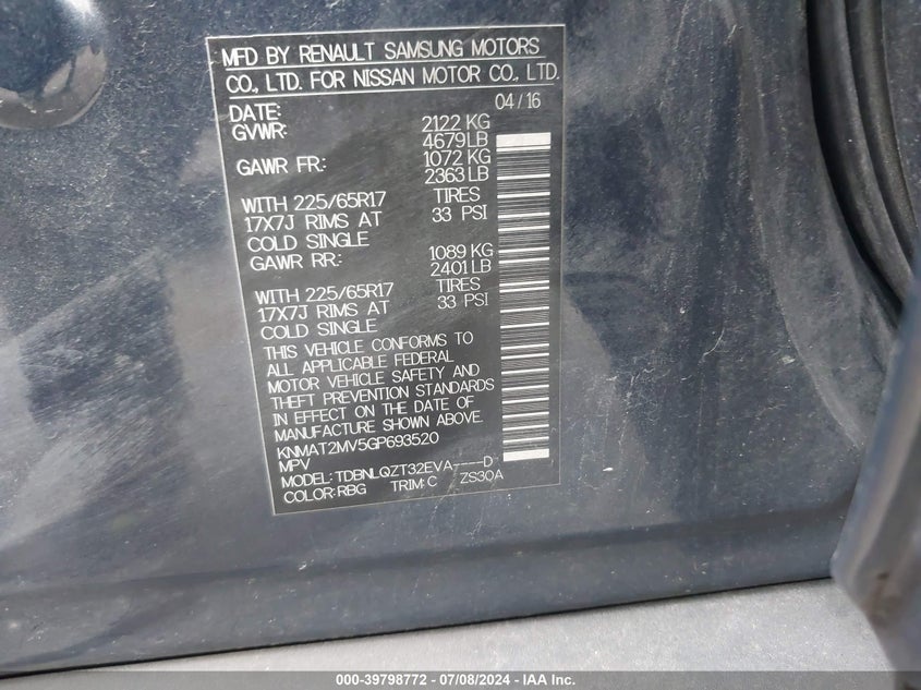 2016 NISSAN ROGUE SV - KNMAT2MV5GP693520