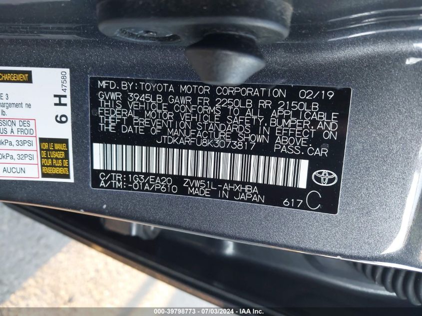 2019 Toyota Prius VIN: JTDKARFU8K3073817 Lot: 39798773