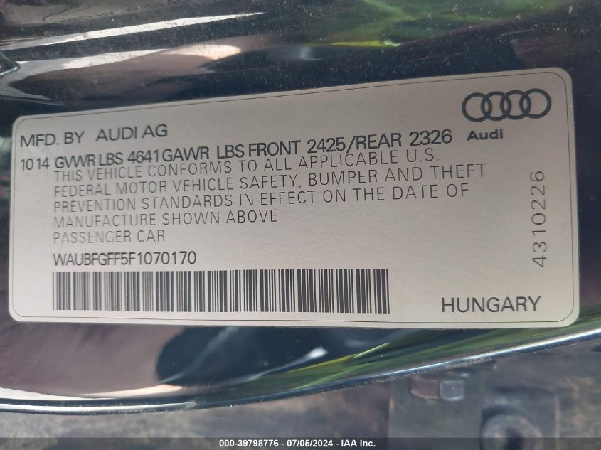 2015 Audi S3 2.0T Premium Plus VIN: WAUBFGFF5F1070170 Lot: 39798776