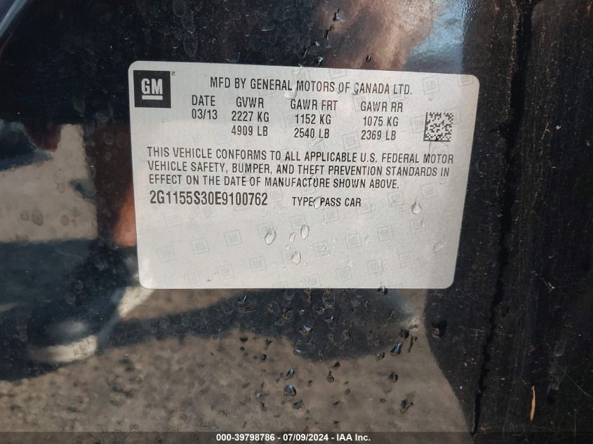 2014 Chevrolet Impala Ltz VIN: 2G1155S30E9100762 Lot: 39798786