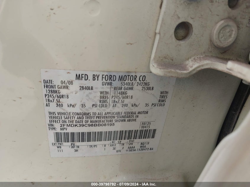 2008 Ford Edge Limited VIN: 2FMDK39C98BB08195 Lot: 39798792