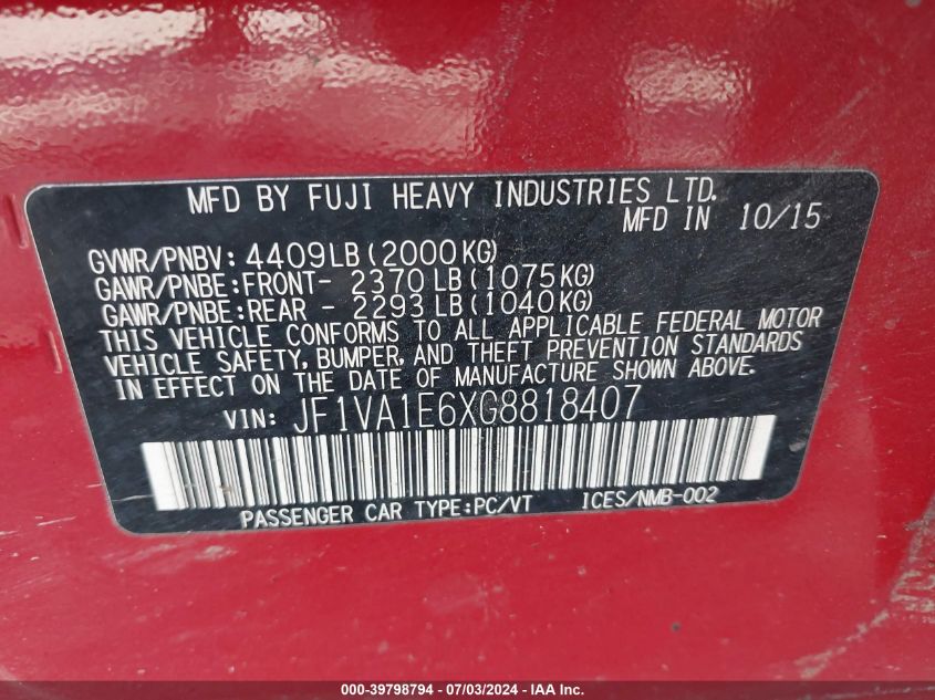 2016 Subaru Wrx Premium VIN: JF1VA1E6XG8818407 Lot: 39798794