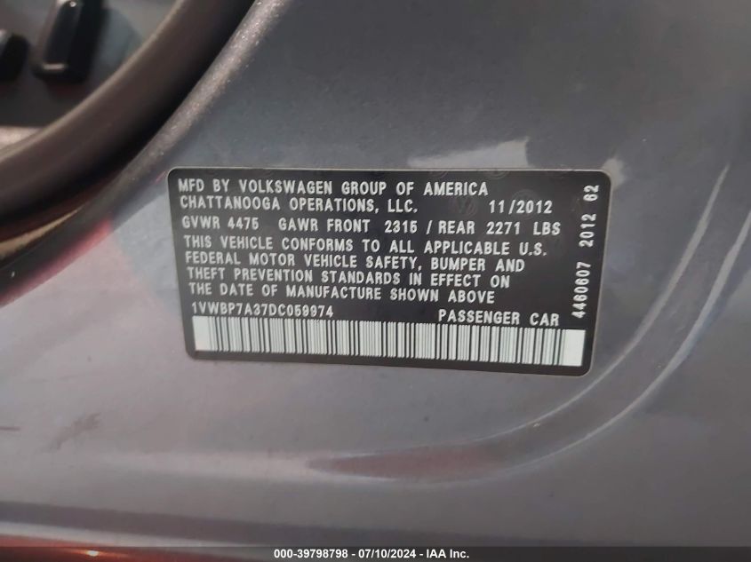 2013 Volkswagen Passat 2.5L Se VIN: 1VWBP7A37DC059974 Lot: 39798798