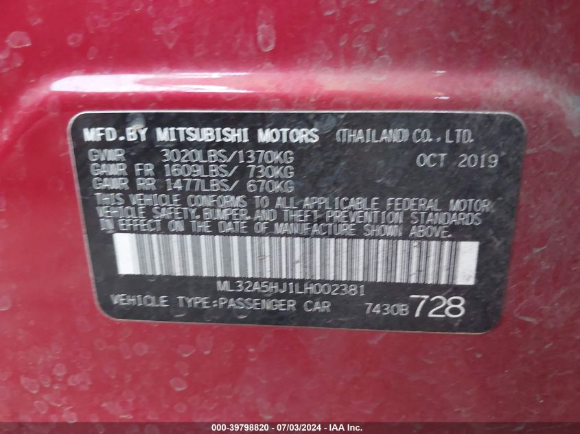 2020 Mitsubishi Mirage Le VIN: ML32A5HJ1LH002381 Lot: 39798820