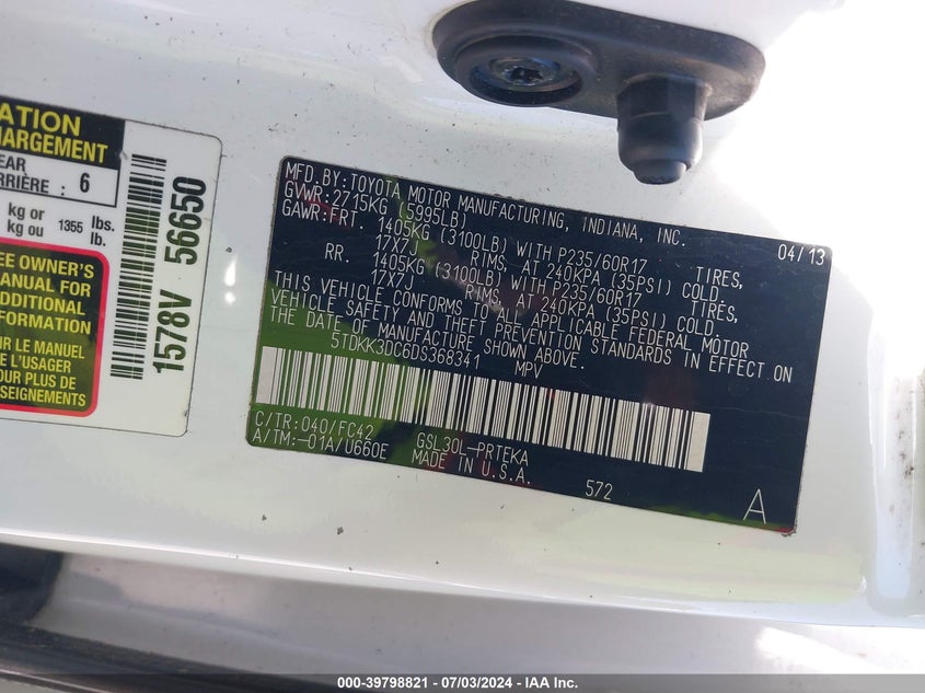 2013 Toyota Sienna Le V6 8 Passenger VIN: 5TDKK3DC6DS368341 Lot: 39798821