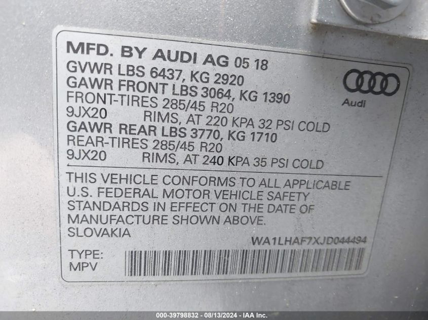 2018 Audi Q7 2.0T Premium VIN: WA1LHAF7XJD044494 Lot: 39798832