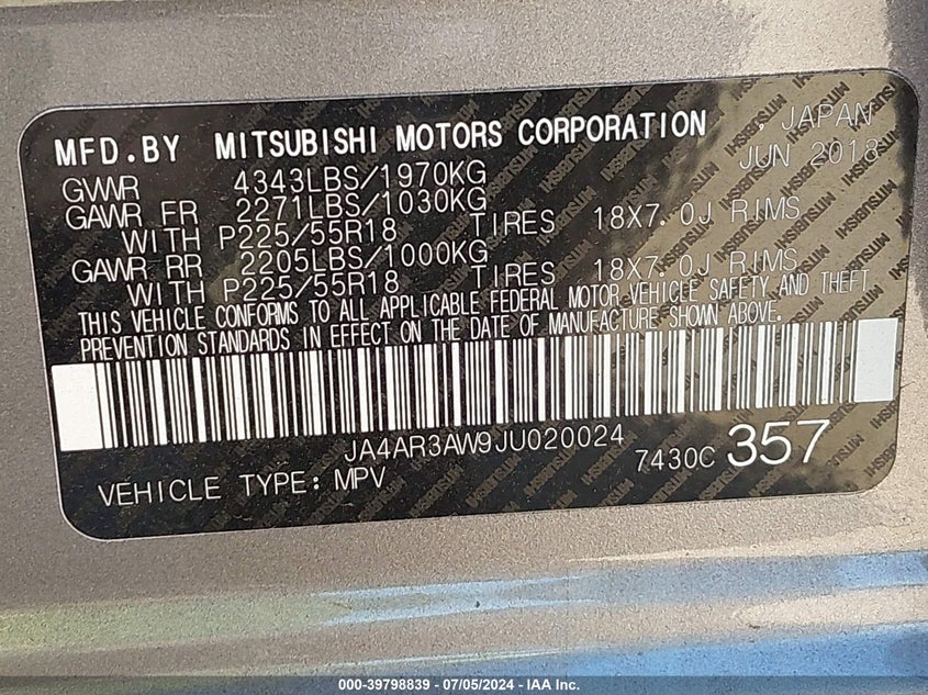 2018 Mitsubishi Outlander Sport 2.4 Se VIN: JA4AR3AW9JU020024 Lot: 39798839