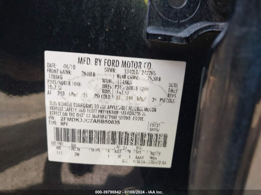 2010 Ford Edge Sel VIN: 2FMDK3JC7ABB50835 Lot: 39798842