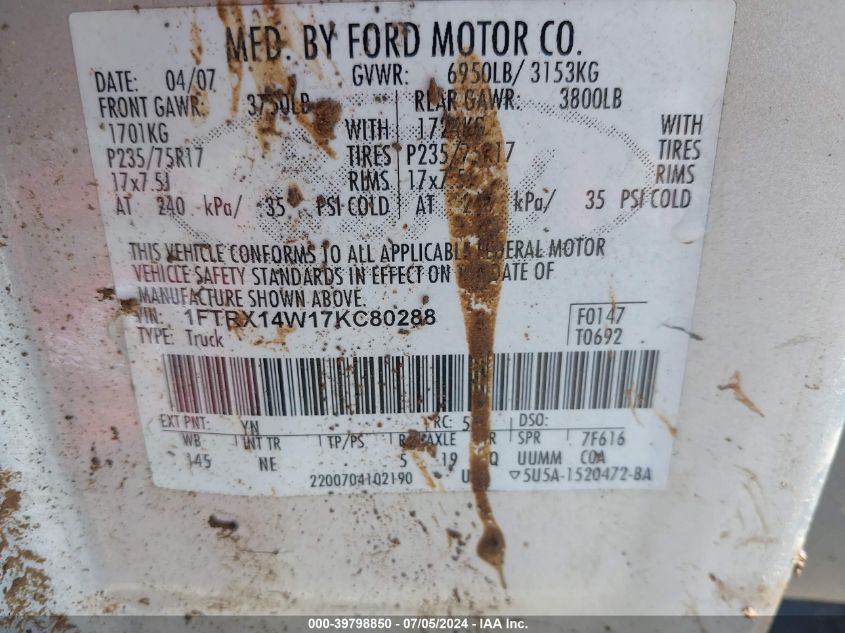 2007 Ford F-150 Fx4/Stx/Xl/Xlt VIN: 1FTRX14W17KC80288 Lot: 39798850
