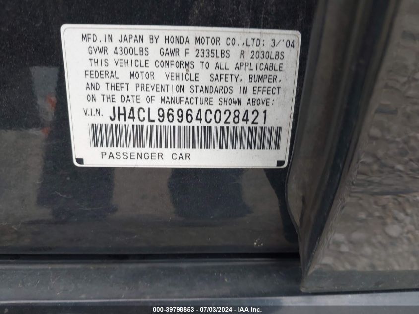 2004 Acura Tsx VIN: JH4CL96964C028421 Lot: 39798853