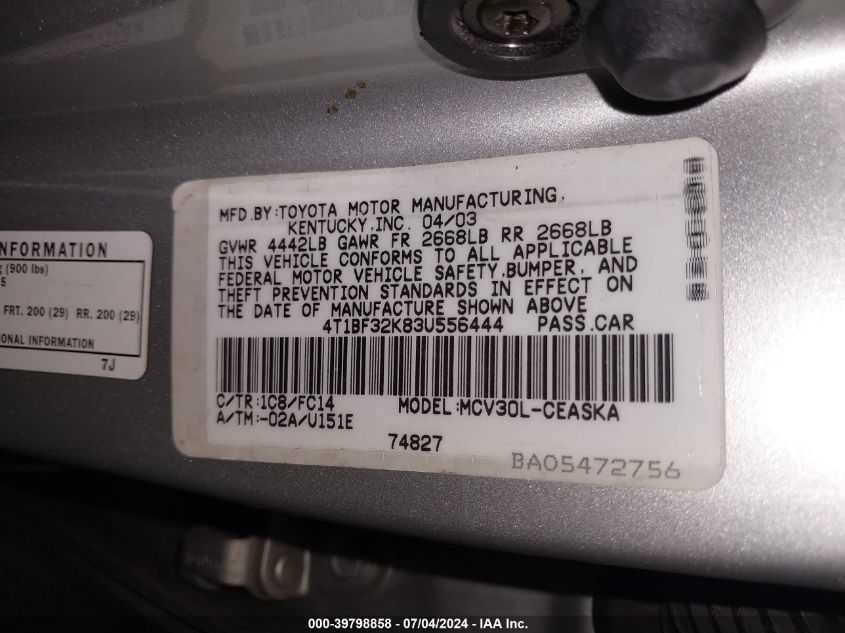 2003 Toyota Camry Se V6 VIN: 4T1BF32K83U556444 Lot: 39798858