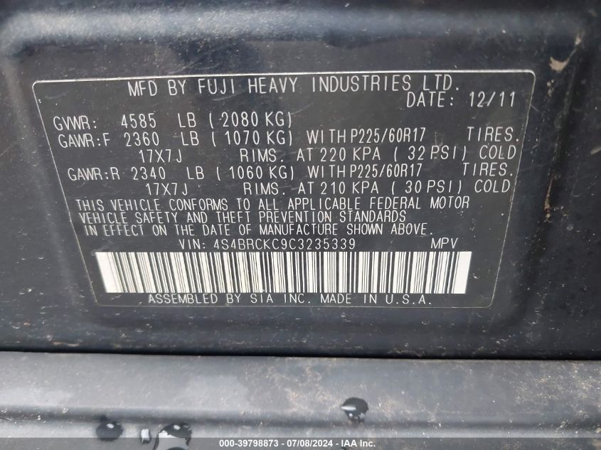 2012 Subaru Outback 2.5I Limited VIN: 4S4BRCKC9C3235339 Lot: 39798873