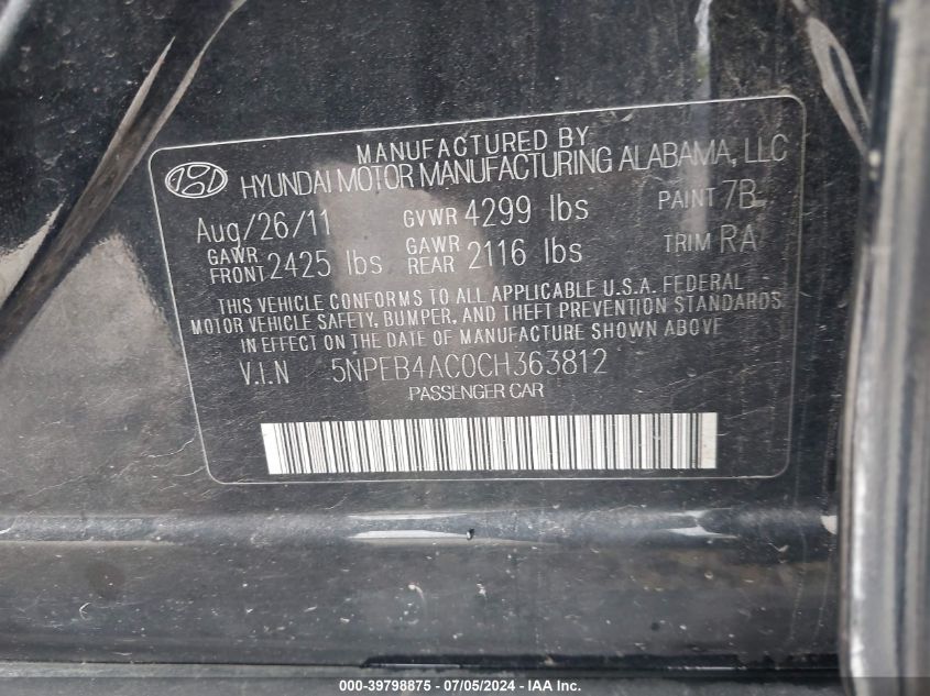 2012 Hyundai Sonata Gls VIN: 5NPEB4AC0CH363812 Lot: 39798875