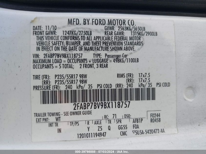 2011 Ford Crown Victoria Police Interceptor VIN: 2FABP7BV9BX118757 Lot: 39798888