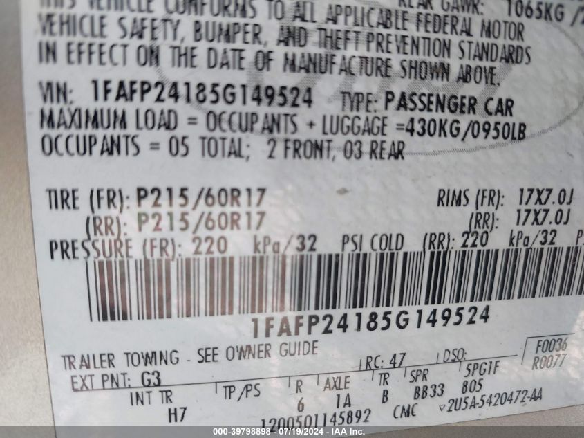 2005 Ford Five Hundred Sel VIN: 1FAFP24185G149524 Lot: 39798898