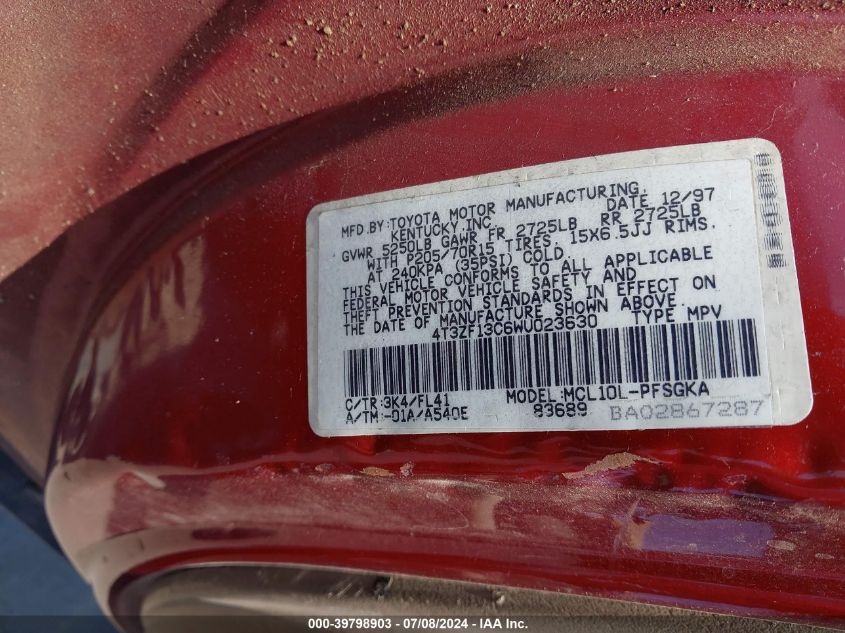 1998 Toyota Sienna Le VIN: 4T3ZF13C6WU023630 Lot: 39798903