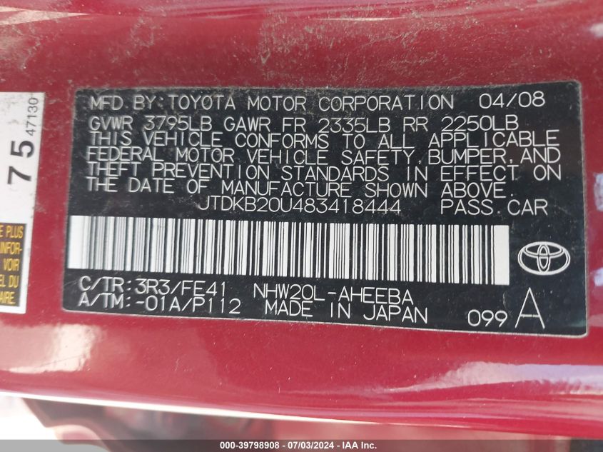 2008 Toyota Prius VIN: JTDKB20U483418444 Lot: 39798908