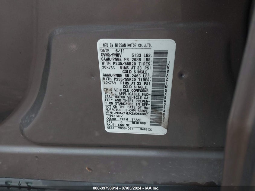 2011 Nissan Murano S/Sl/Le VIN: JN8AZ1MUXBW064807 Lot: 39798914