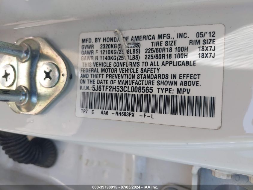 2012 Honda Crosstour Ex-L VIN: 5J6TF2H53CL008565 Lot: 39798915