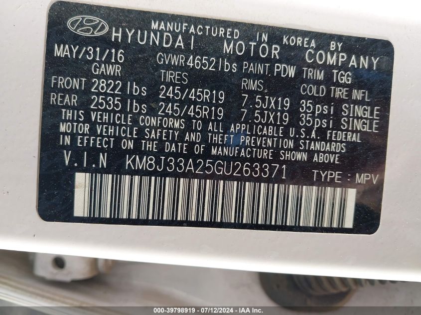 2016 Hyundai Tucson Sport VIN: KM8J33A25GU263371 Lot: 39798919