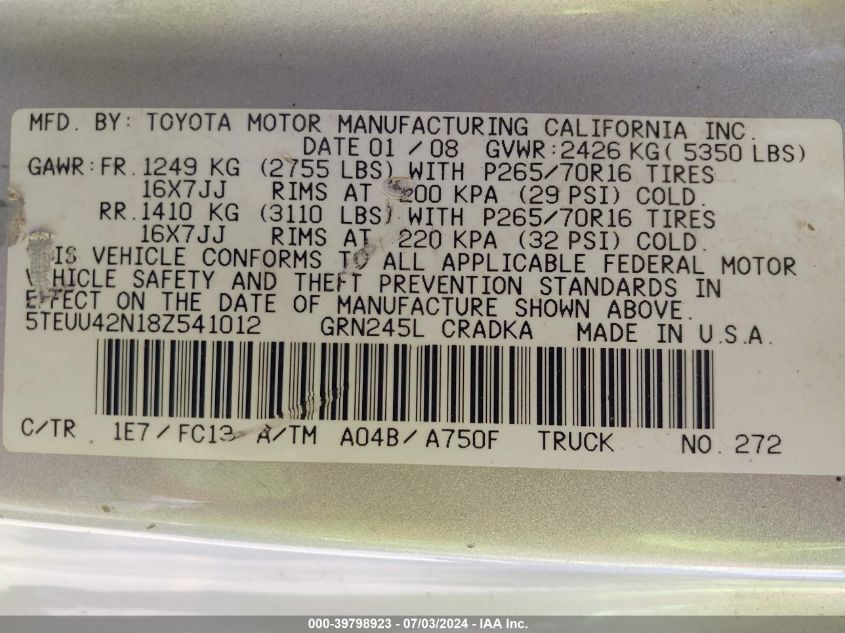 2008 Toyota Tacoma Base V6 VIN: 5TEUU42N18Z541012 Lot: 39798923