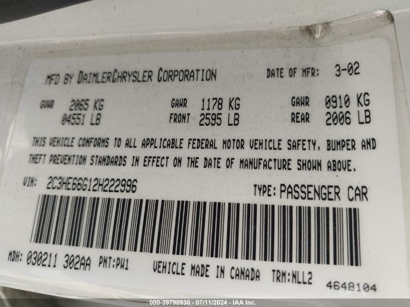 2C3HE66G12H222996 2002 Chrysler 300M