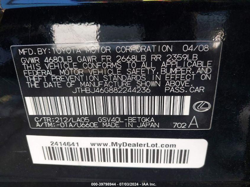 2008 Lexus Es 350 VIN: JTHBJ46G882244236 Lot: 39798944