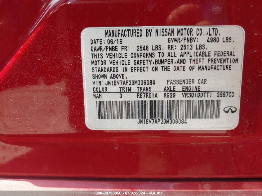 2016 Infiniti Q50 3.0T Sport VIN: JN1EV7AP2GM306084 Lot: 39798950