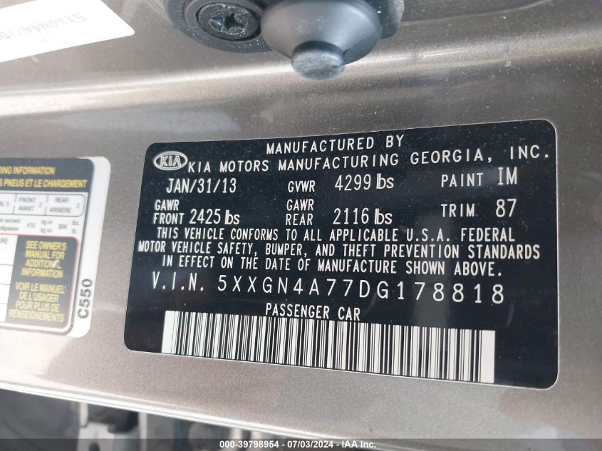 2013 Kia Optima Ex VIN: 5XXGN4A77DG178818 Lot: 39798954